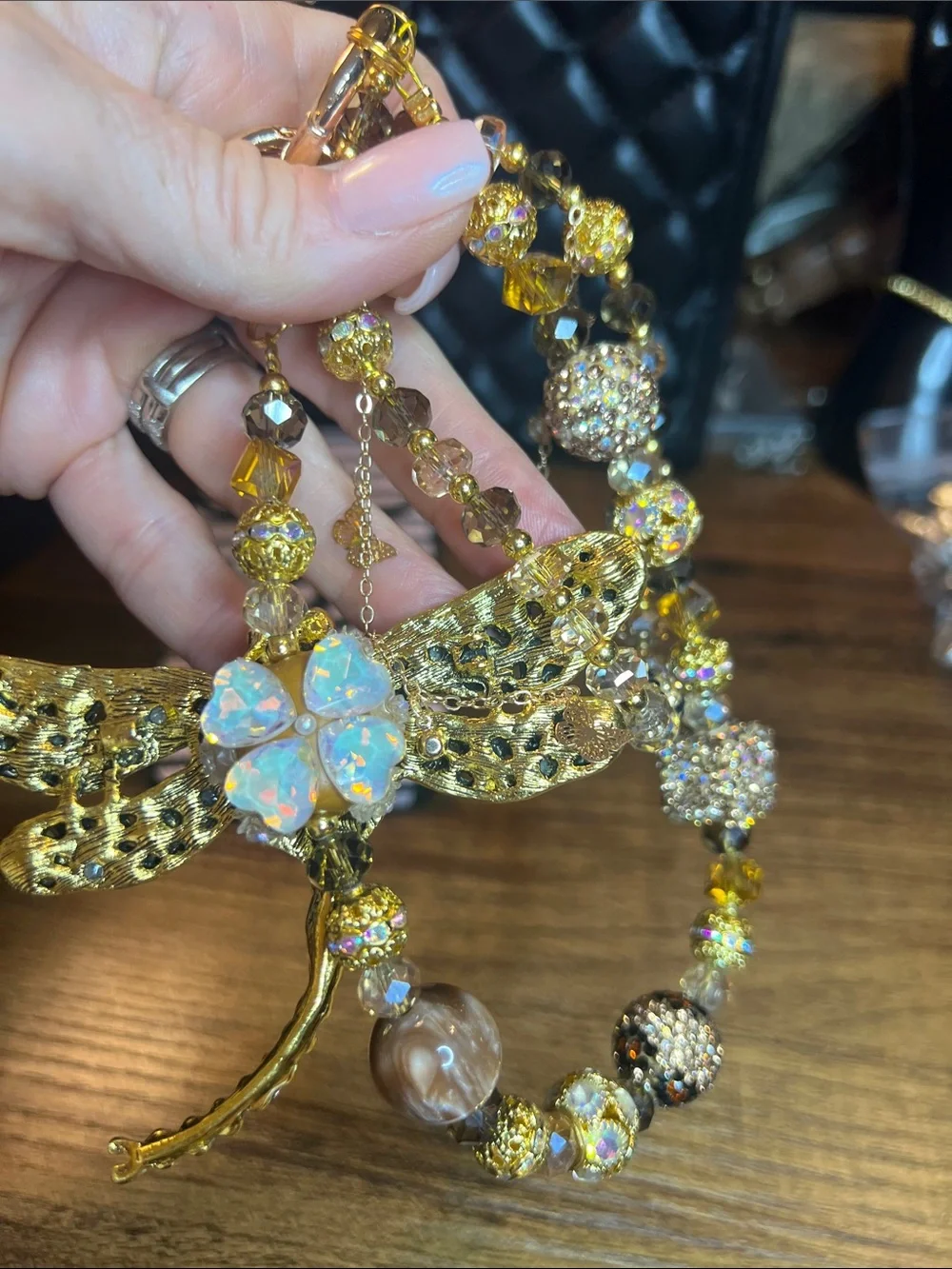 Phone Crystal Bee Charm Beaded Wristlet - Gold and Champagne